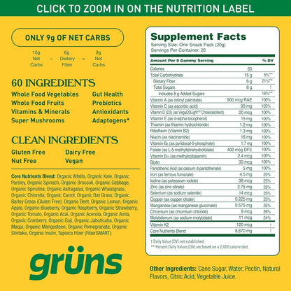 Gruns Adults Super Greens Multivitamin Gummies, Superfood Vitamin Gummy Bears with Spirulina, Chlorella, Prebiotic Fiber for Digestive Health, Adaptogens Supplement, 20 Vitamins & Minerals, 28 Count