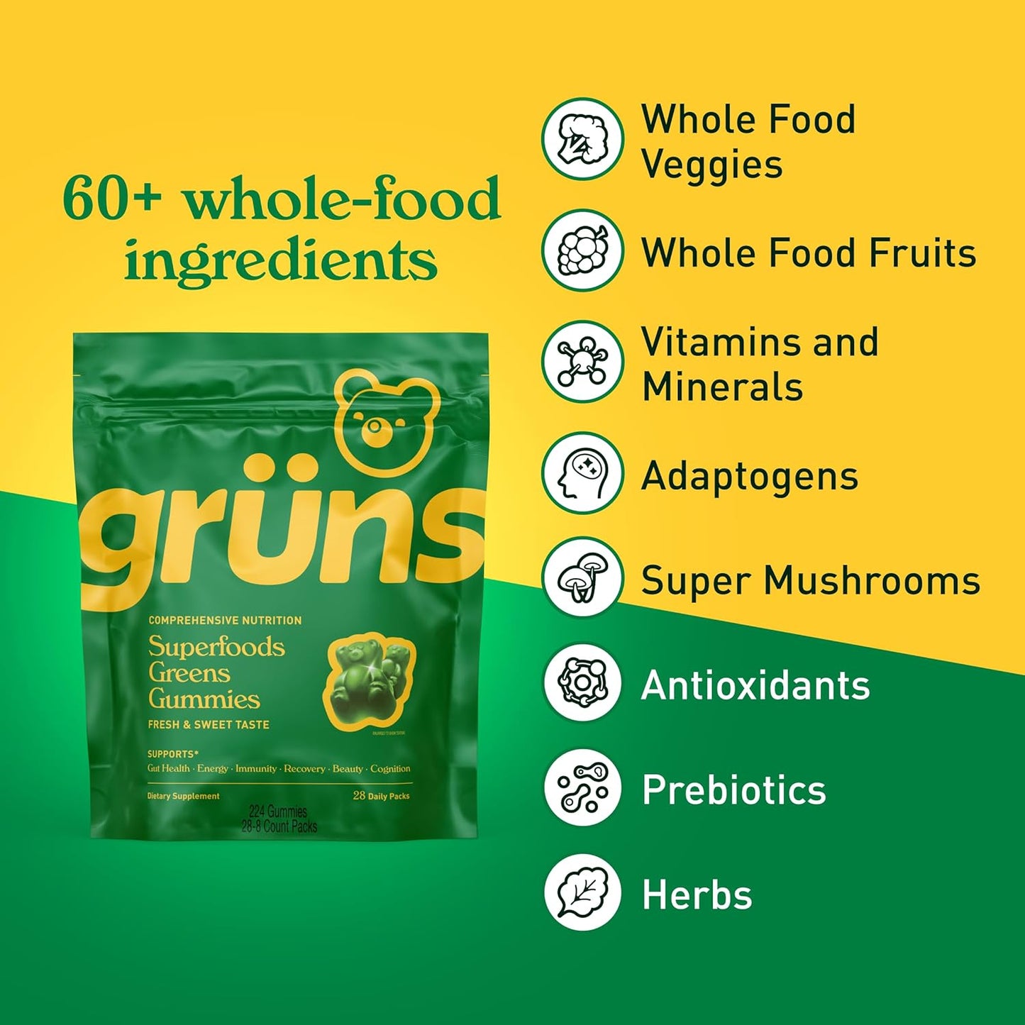 Gruns Adults Super Greens Multivitamin Gummies, Superfood Vitamin Gummy Bears with Spirulina, Chlorella, Prebiotic Fiber for Digestive Health, Adaptogens Supplement, 20 Vitamins & Minerals, 28 Count