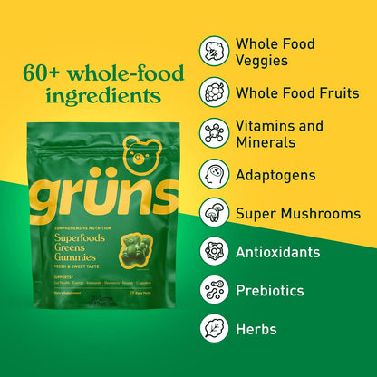 Gruns Adults Super Greens Multivitamin Gummies, Superfood Vitamin Gummy Bears with Spirulina, Chlorella, Prebiotic Fiber for Digestive Health, Adaptogens Supplement, 20 Vitamins & Minerals, 28 Count